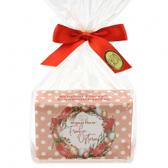Schafmilchseife eckig 150g "Frohe Ostern" in Cello, Rose mit Blüten 