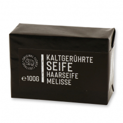 Spezialseife handgeschöpft 100g "Black Edition" schwarz verpackt, Haarseife Melisse 