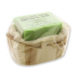 Special handcrafted soap 100g and a washing cloth in a wodden basket in a cellophane bag "Love for tradition", Hemp oil 