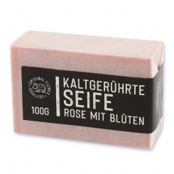 Kaltgerührte Seife 100g "Black Edition" weiß verpackt, Rose mit Blüten 