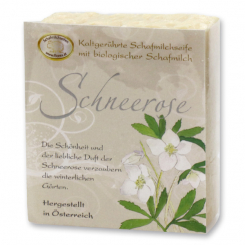 Handgeschöpfte Schafmilchseife 150g klassisch verpackt, Schneerose 
