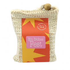 Handgeschöpfte Schafmilchseife 150g im Waschbeutel "Bunte Festtage Motiv 12", Mandarine 