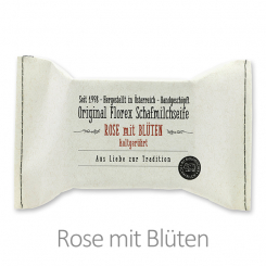 Handgeschöpfte Seife 150g im genähten Papierbeutel "Aus Liebe zur Tradition", Rose mit Blüten 