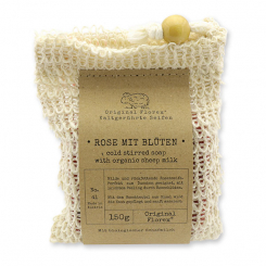 Handcrafted sheep milk soap 150g packed in a soap holder "Pure Soaps", Rose with petals 