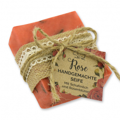 Cold-stirred sheep milk soap 150g decorated "feel-good time", Rose with petals 