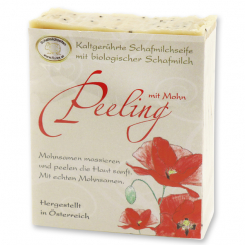 Handgeschöpfte Schafmilchseife 150g klassisch verpackt, Peeling mit Mohn 