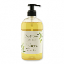 Liquid plant oil soap with sheep milk 500ml in a dispenser "Durchatmen und...", Olive 