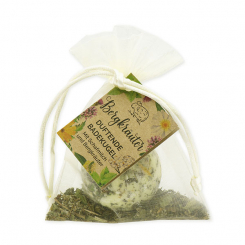 Bath butter bomb with sheep milk 50g in organza bag "feel-good time", Mountain herbs 