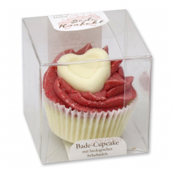 XL Badebutter-Cupcake mit Schafmilch 90g in Cellobox, Weißes Herz/Cranberry 