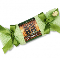 Schafmilchseife eckig 100g im Waschlappenzuckerl "Hüttenzauber", Eisenkraut 