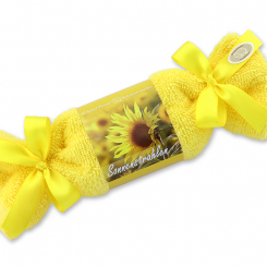 Schafmilchseife eckig 100g im Waschlappenzuckerl "Sonnenstrahlen", Sonnenblume 