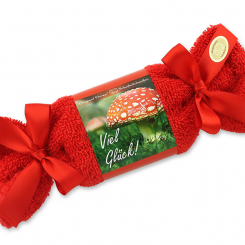 Schafmilchseife eckig 100g im Waschlappenzuckerl "Viel Glück", Granatapfel 