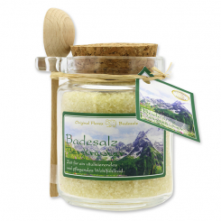 Bath salt 300g in a glass jar with a wooden spoon, Mountain herbs 