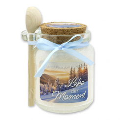 Bath salt 300g in a glass jar with a wooden spoon "Lebe den Moment", Christmas rose white 