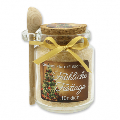 Bath salt 300g in a glass jar with a wooden spoon "Fröhliche Festtage für dich", Swiss pine 