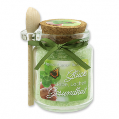 Badesalz 300g im Glas mit Holzlöffel "Glück, Liebe, Lachen, Gesundheit", Eisenkraut 
