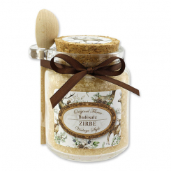 Bath salt 300g in a glass jar with a wooden spoon "Vintage motif 223", Swiss pine 
