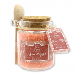 Bath salt 300g in a glas with a wooden spoon decorated "Florentine", Pomegranate 