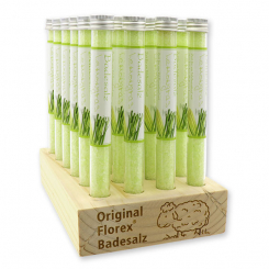 Aufsteller Holz befüllt mit Badesalz in der Phiole 28g, Lemongras 