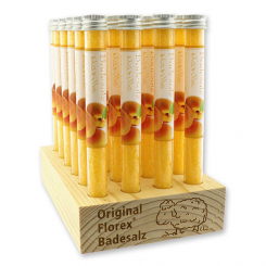 Aufsteller Holz befüllt mit Badesalz in der Phiole 28g, Marille 