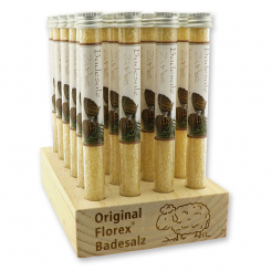 Wooden stand filled with bath salt in a vial 28g, Swiss pine 