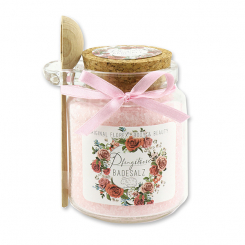 Bath salt 300g in a glass jar with a wooden spoon, Peony 