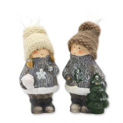 Keramik-Winterkind 16cm sortiert, grau-creme/braun 