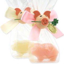 Schafmilchseife Schwein 15g, dekoriert mit Glücksschweinchen in Cello, Classic/Pfingstrose 