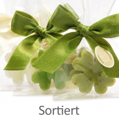 Sheep milk soap cloverleaf mini 14g, in Cello, Classic/Pear/Verbena 