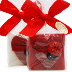 Sheep milk soap 35g decorated with a heart in a cellophane, Classic/pomegranate 