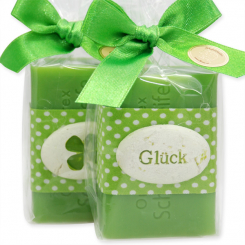 Sheep milk soap 100g decorated with ribbon 'Glück' in a cellophane, Apple 