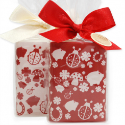 Sheep milk soap 100g decorated with a ribbon "lucky charm" in a cellophane, Classic/pomegranate 