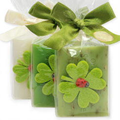 Sheep milk soap 100g decorated with a cloverleaf in a cellophane, sorted 