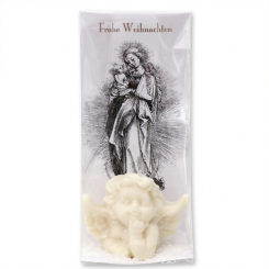 Schafmilchseife Traumengel 25g mit Spruch-Karterl "Frohe Weihnachten" verpackt in Cello, Schneerose 