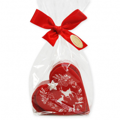 Schafmilchseife Herz groß 85g dekoriert mit Herz mit Hirsch in Cello, Granatapfel 