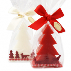 Schafmilchseife Tannenbaum 75g dekoriert mit Dekoband Wald in Cello, Classic/Granatapfel 