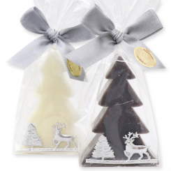 Sheep milk soap tree 75g decorated with a forest ribbon in a cellophane, Classic/christmas rose silver 