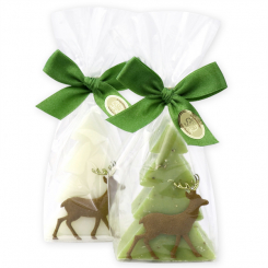 Schafmilchseife Tannenbaum 75g dekoriert mit Filzhirsch in Cello, Classic/Eisenkraut 