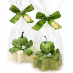 Sheep milk soap star 40g decorated with a glitter apple in a cellophane, Classic/verbena 