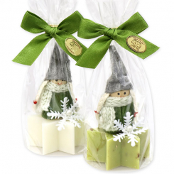 Sheep milk soap star 40g decorated with a gnome in a cellophane, Classic/verbena 