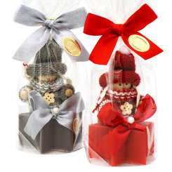 Sheep milk soap star 40g decorated with a gnome in a cellophane, Pomegranate/christmas rose silver 