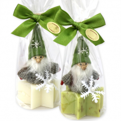 Schafmilchseife Stern midi plus 40g dekoriert mit Wichtel in Cello, Classic/Eisenkraut 