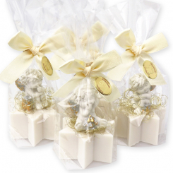 Schafmilchseife Stern midi plus 40g dekoriert mit Engel-Igor in Cello, Schneerose 