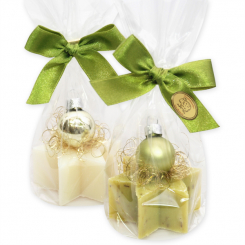 Schafmilchseife Stern midi plus 40g dekoriert mit Glaskugel in Cello, Classic/Eisenkraut 