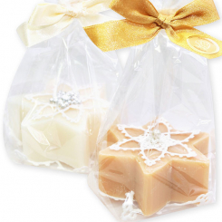 Schafmilchseife Stern 80g dekoriert mit Häkelsternen in Cello, Classic/Zirbe 