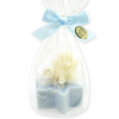 Schafmilchseife Stern 80g dekoriert mit Seifenengel 20g in Cello, Eisblume 