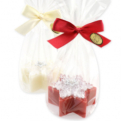 Schafmilchseife Stern 80g dekoriert mit Schneekristall in Cello, Classic/Granatapfel 
