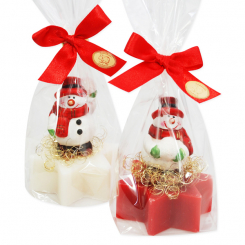 Sheep milk soap star 80g decorated with a snowman in a cellophane, Classic/pomegranate 