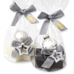 Sheep milk soap star 80g decorated with a ball in a cellophane, Classic/christmas rose silver 