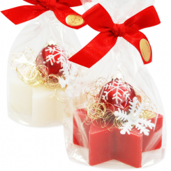 Sheep milk soap star 80g decorated with a christmas ball in a cellophane, Classic/pomegranate 